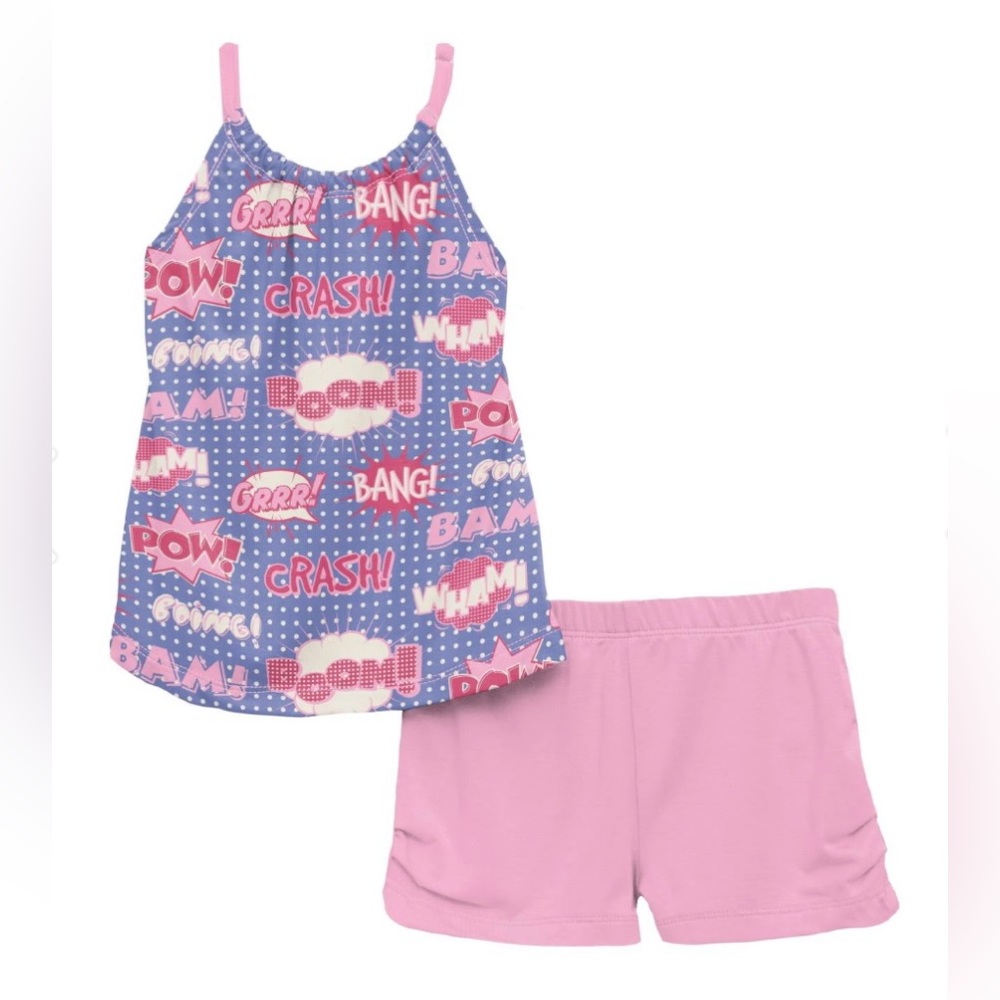 NWT Kickee Pants Gathered Cami & Shorts Set in Forget Me Not Comic Onomatopoeia